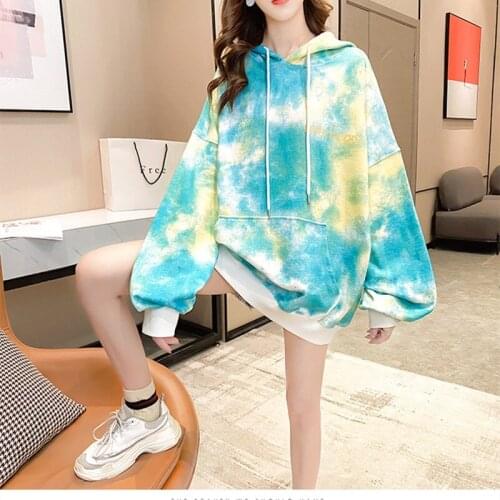 2020 Autumn New Tie-Dye Stitching Pocket Hooded Long-Sleeved Hoody Womens Large Size Loose Fashion All-Match Casual Hoody