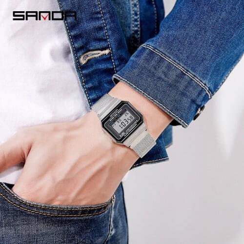 SANDA Luxury Fashion Digital Mens Watches Waterproof Electronic Sports Wristwatch Super slim Stainless Steel Mens Clock 6017