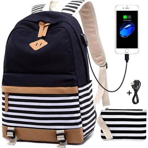 USB Backpacks for Teen Girls Canvas Stripe Backpack School Bag College Bookbag Lightweight Travel Daypack with Pencil Case