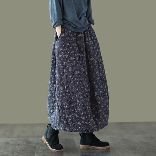 Autumn Spring Skirts Women Retro Print Loose Elastic Waist Female A-Line Thick Clothing