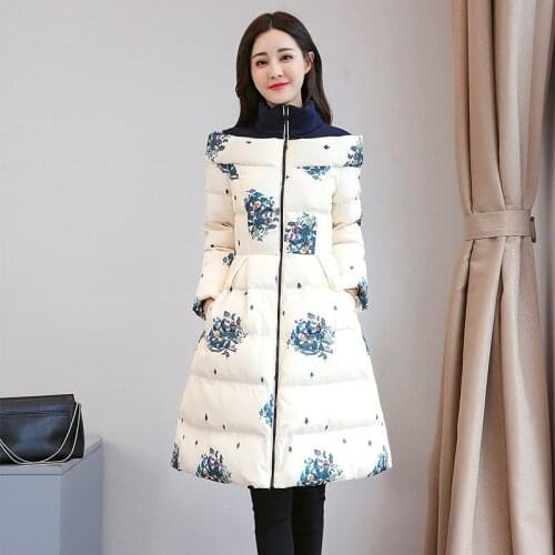 Vintage Print OL Slim Winter Coat Women Parka Plus Size Elegant 2021 Warm Long Sleeve Down Cotton Jacket Female Clothes Overcoat