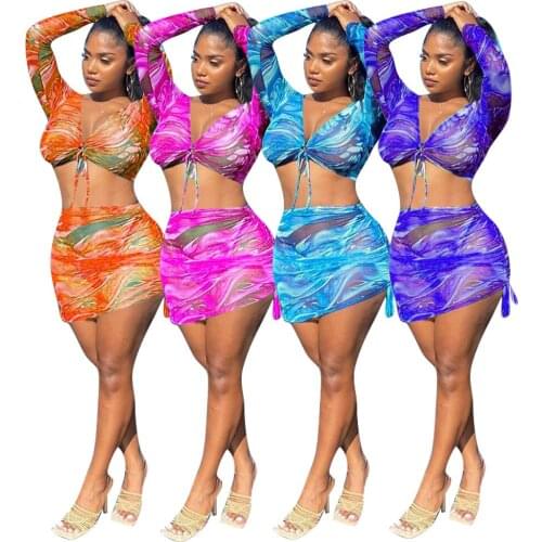 Adogirl Women Tie Dye Print Mesh V Neck Lace Up Crop Tops And Sheath Mini Skirts 2 Two Piece Set 2021 Summer See Through Outfits