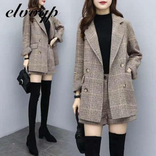 European Style Autumn Winter 2 Piece Set Women Woolen Tweed Plaid Blazer Jacket Coat Short Pants Elegant Office Two Piece Set