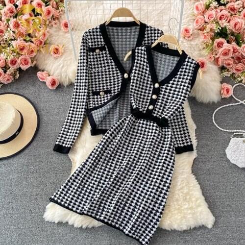 New 2021 Autumn Winter Knitting 2 Piece Set Womens Single-Breasted Cardigan Jacket Warm Sweater Jacket + Knitted Vest Dress