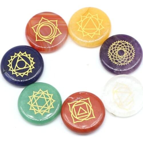 25mm Natural Stone Carved Chakra Pendant Round Shape Purple Amethysts Lapis Choker Reiki 7 Chakra Stone Pendant Necklace No Hole