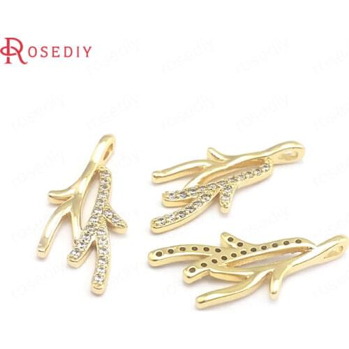 40352)4PCS 20.5x8.5MM 24K Gold Color Brass and Zircon Tree Branch Charms Pendants Jewelry Making Supplies Findings Accessories