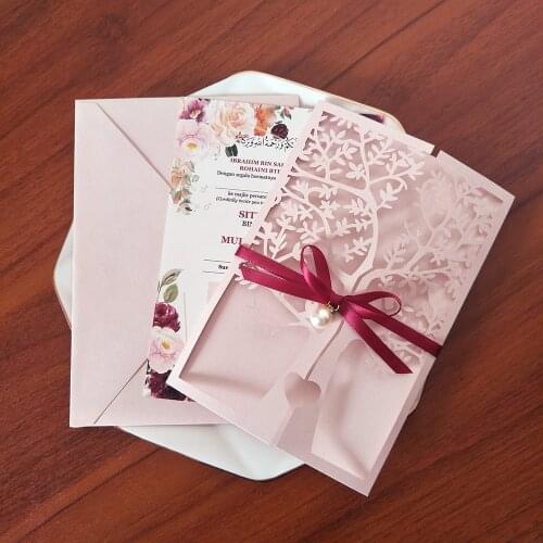 50 Pieces/Lot) Love Tree Wedding Invitations with Burgundy Ribbon And Rhinestone DIY Bridal Shower Cards With Custom Printing