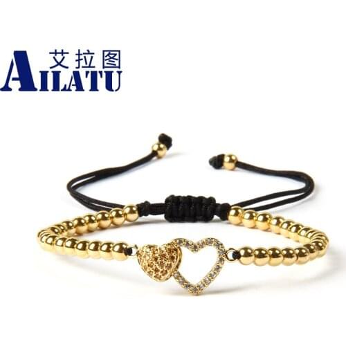 Ailatu Wholesale 10pcs/lot 4mm Stainless Steel Beads with Micro Pave Double Heart Cz Charm Macrame Bracelet