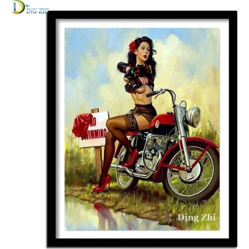 Diamond Embroidery 5D Retro Motorcycle Beauties Cross Stitch Diy Diamond Painting Sale Sexy Beauty Picture Art Mosaic Poster