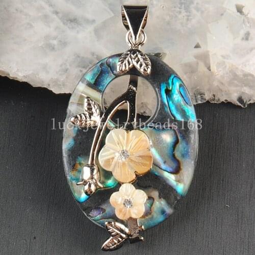 Free Shipping Women Fashion Jewelry 30x48mm Beatiful New Zealand Ablone Shell Oval Flower Pendant Bead 1pcs C3623