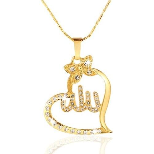 Creative Islamic Allah Heart Pendant Butterfly Necklace Exquisite Women Rhinestone Gold Long Chain Fashion Muslim Jewelry Gift