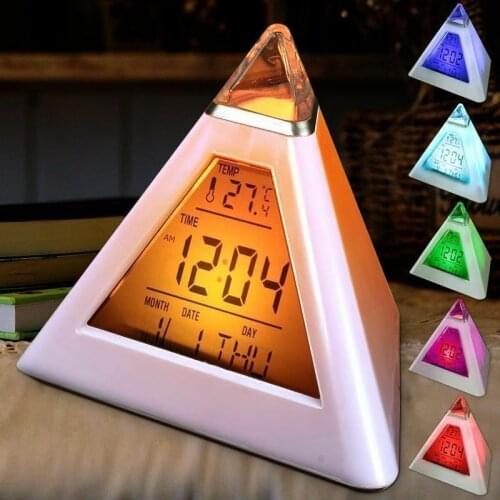 7 Colors Colorful Pyramid LCD Alarm Clock Night Light Thermometer Digital Wall Clock Changeable Led Clock Home Decor Accessorier