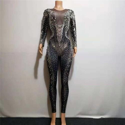E40 Black Rhinestone female bodysuit nude diamonds jumpsuit tight outfits singer performance wears dress dj ds outfits show club