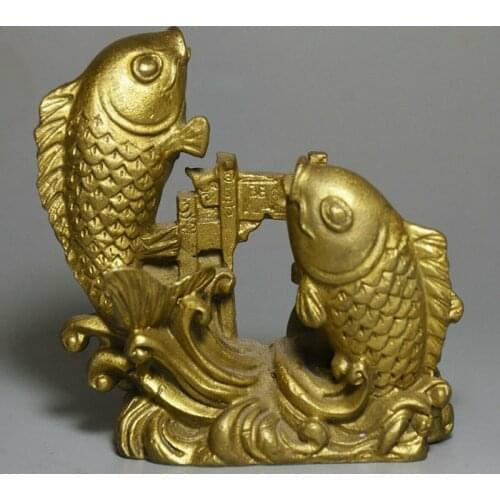 China Pure Copper Brass Feng Shui Fish Goldfish Jump Longmen Lucky Animal Statue Statues et Sculptures Collection Ornaments Gift