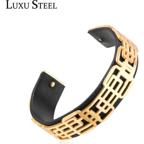 LUXUSTEEL Leather Bangles Female Accessories Stainless Steel Gold Color Cuff Bangles Wedding Party Wholesale