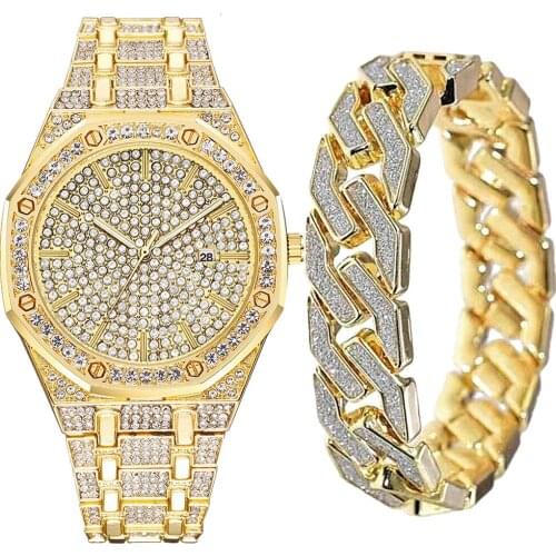 2pcs/set Watch Bracelet for Men Cuban Chain Charm Bracelet Iced Out Watch for Men Simple Diamond Gold Watch Set Hip Hop Jewelry