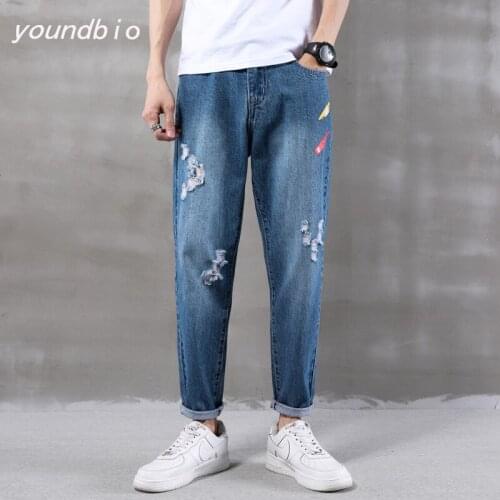 Men Jeans Fashion Ripped Jeans Hole Hip-Hop Tide Brand High Street Korean Version of The Nine-Point Pants Net Red Pants 3135