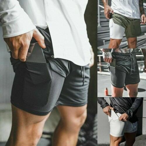 Men Summer Training Running Bodybuilding Workout Fitness Shorts Gym Pocket Pants Double-Layer Elastic Quick-Drying Sports Shorts
