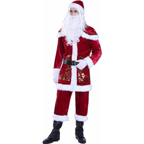 Santa Claus Cosplay Wear Adult Velvet Christmas Costume Fancy 8pcs Outfits Feet Cover+Tops+Pants+Hat+Belt+Moustache+Gloves+Shawl