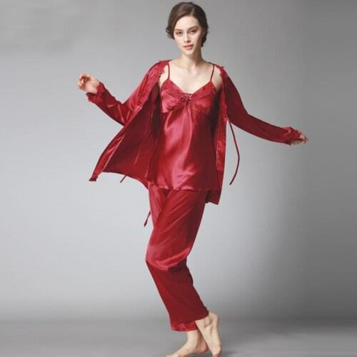 Lady Silk Satin Pajama Women Sexy 3 Pieces Pajama Set Sleepwear V-neck Top Full Sleeves Full Length Pant Nightgown Autumn