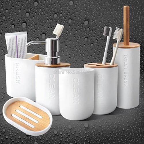 Simple Household Bathroom Supply Bamboo Soap Dish Soap Dispenser Toothbrush Holder Soap Holder 5pcs/set Bathroom Accessories Set