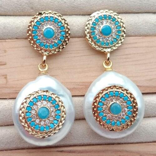 Cultured White Coin freshwater Pearl Blue Cubic Zirconia mirco pave gold color plated Stud Earrings For Women Jewelry On Ear