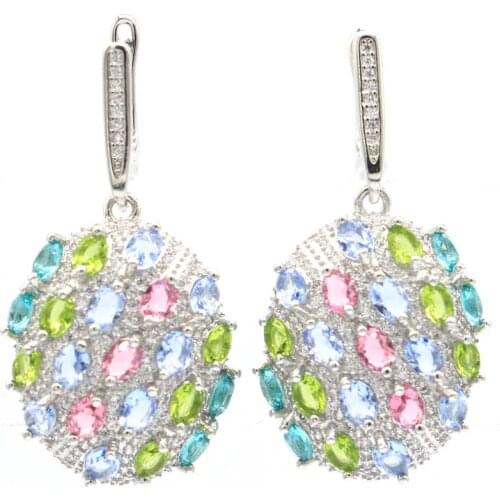 42x20mm Multi Color Tourmaline Peridot Aquamarine Violet Tanzanite CZ Daily Wear 925 Sterling Silver Earrings