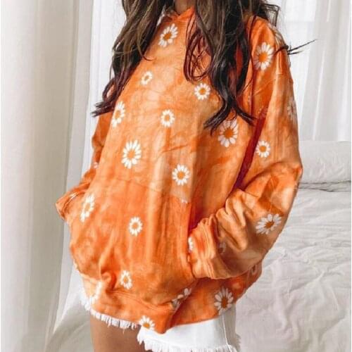 Women Autumn Sweatshirts Casual Fashion Floral Printed O Neck Long Sleeved Top Loose Hooded Front Pocket Female Casual Pullover