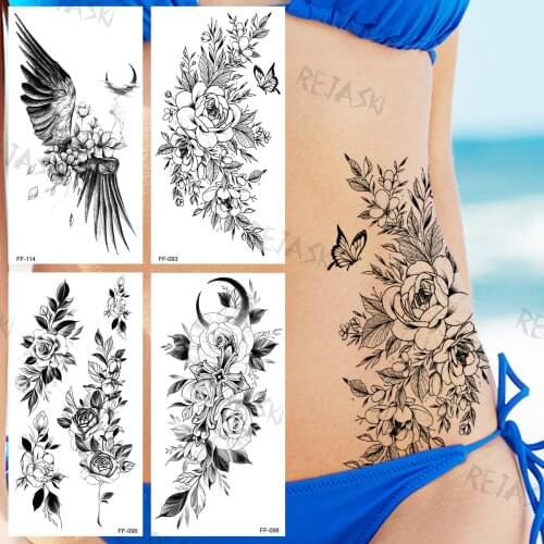 Peony Butterfly Temporary Tattoos For Women Adults Wings Moon Flora Waterproof Fake Tattoo Sticker Sexy Waist Arm Tatoos Custom