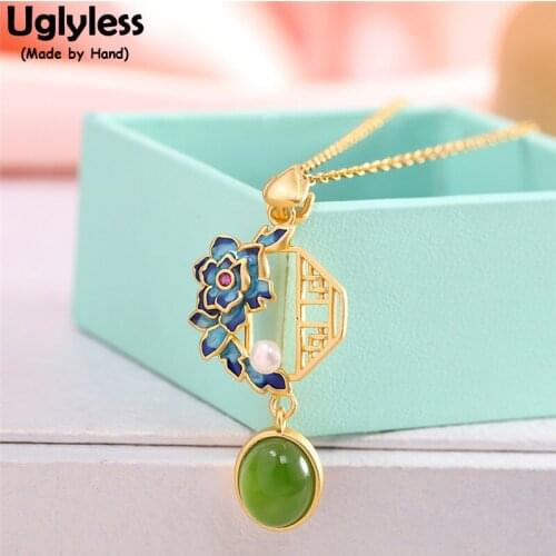 Uglyless Enamel Flowers Pendants Women China Chic Grilles Necklaces NO Chains Natural Jasper Green Jade Jewelry Retro 925 Silver