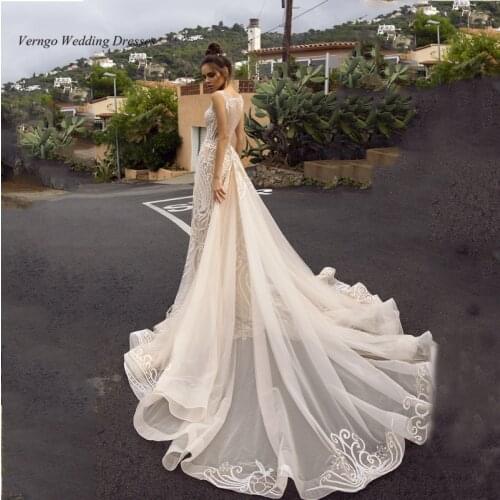 Verngo 2020 Modest Lace Mermaid Wedding Dress With Detachable Overskirt Champagne Nude Lining See Through Bottom Bride Dress