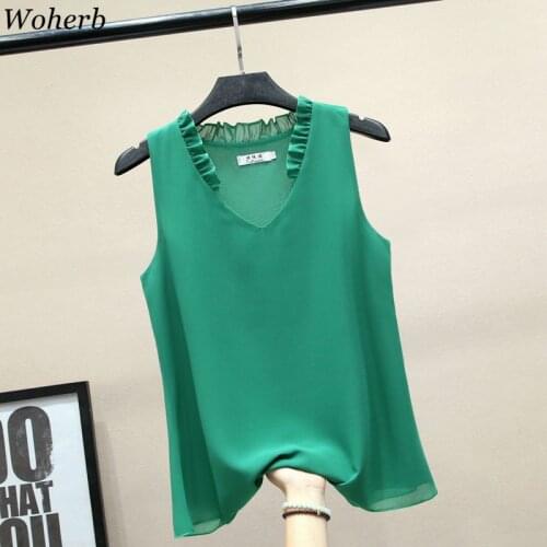 Woherb Summer Sexy Ruffle V-neck Chiffon Blouse Women 2021 Casual Solid Sleeveless Shirt Lady Plus Size Casual Blusas Modis Tops