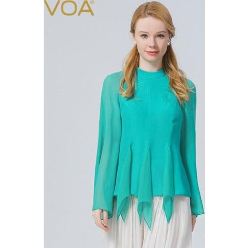 VOA Autumn New Product Silk Guanle Crepe Green Round Neck Irregular Hem Bump Stitching Horn Long-sleeved Women T-shirt BE789