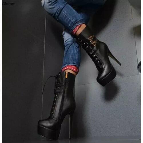Olomm New Fashion Women Platform Ankle Boots Thin High Heels Boots Round Toe Gorgeous Black Party Shoes Women Plus US Size 5-15