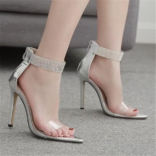 Women sandals PVC Sequined Cloth Slip On 11.5cm Thin Heels High heels Pointed Toe Rhinestones Shallow women shoes size 35-42