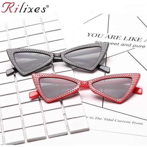 RILIXES Diamond Triangle Sunglasses Women Brand Luxury Crystal Cat Eye Sunglasses Ladies Small Black Sun Glasses Oculos 2018