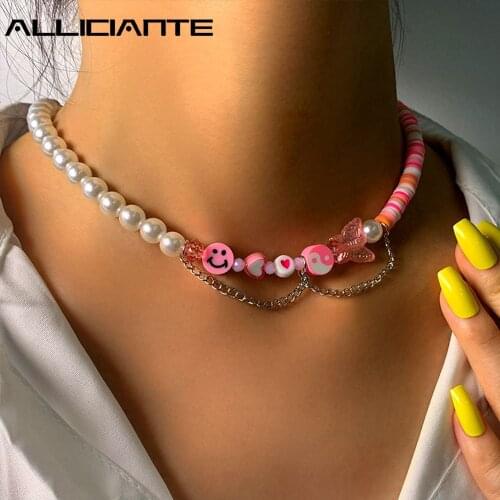 Boho Smiley Face Butterfly Asymmetry Clay Beaded Necklace For Women Imitation Pearl Choker Gossip Bead Chain Charm Jewelry New