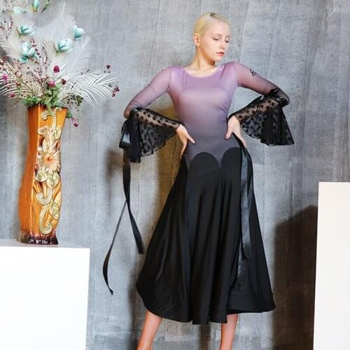 Modern Ballroom Dance Clothes Women Elegant Flare Sleeve Gradient Color Long Dress Tango Practice Wear Performance Dress VDB3087