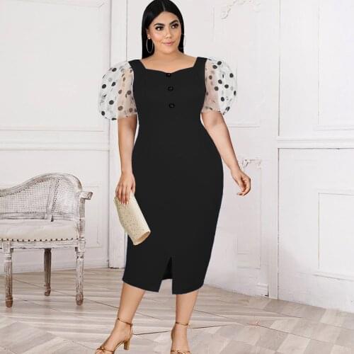 Plus Size Women Dresses See Through Puff Sleeve Button Slit Black Bodycon Fashion Elegant Evening Dinner Party Ladies Dress