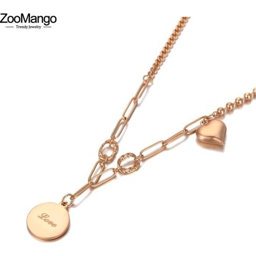 ZooMango Rose Gold Love & Heart Charm Pendant Necklaces For Women Girls Trendy Titanium Steel Bohemia Party Necklace ZN20152