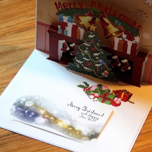 3D Up Merry Christmas Cards Gift Fireplace Gift Socks Christmas Tree Festival Greeting Card