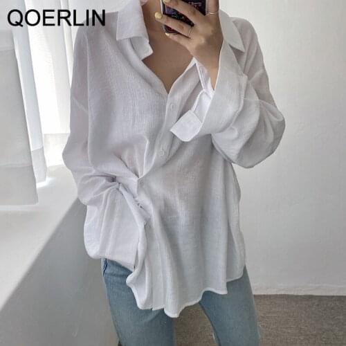 White Blouse Women Transparent Turn-Down Collar Long Sleeve Single-Breasted Shirts Female Korean Design Tops Loose Casual Blusas