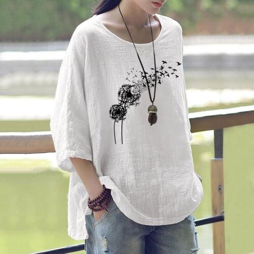 Dandelion Print Solid Color Cotton Linen Women Blouse O Neck Casual Long Sleeve Femme Womens Clothing Loose Long Tops 2021 3