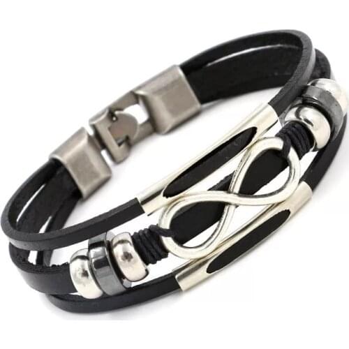Infinity Cool Design Punk Cuff Bangle Fashion Vintage Black Metal Genuine Leather Men Bracelets Women Jewelry Accessories