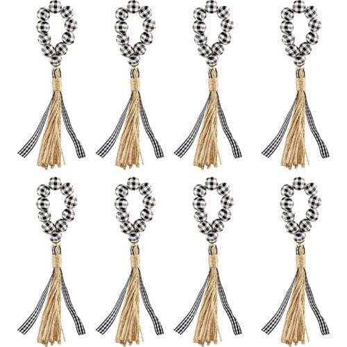 Wood Napkin Rings Buffal Plaid Wood Bead Garland and Tassels Farmhouse Rustic Country Decor Wall Hanging Napkin Holder