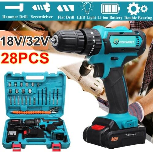 32V 3 in 1 Brushless Electric Screwdriver Drill Hammer Variable Speed Cordless Impact Drill With 1/2 Battery 38Nm Torque Max