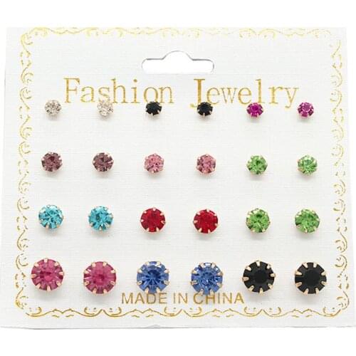 ISINYEE 12 Pairs/set Fashion Small Crystal Stud Earrings Sets Round Circle Geometric Earrings Jewelry For Women Girls Kids