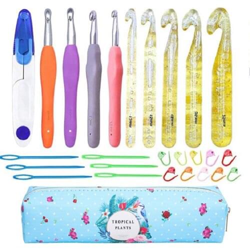 27 Pcs/Set 5 Crystal Crochet Hooks And Accessories Floral Bag Crochet Set Sign Buckle Scissors DIY Tools