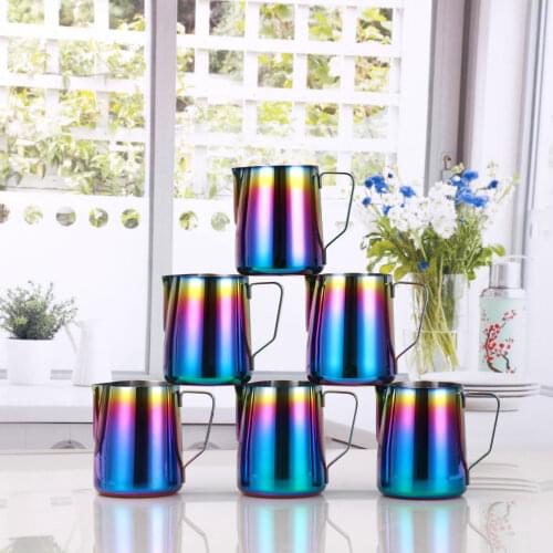 350/600ml Milk Jugs Rainbow Color Stainless Milk Frothing Cup Coffee Mugs Milk Tea Cup Cappuccino Cafe Latte Pull Flower Cup