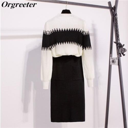 Hot Sale Fall Winter Women Sets Fashion White and Balck Striped Patchwork Lantern Sleeve Sweater and Pocket Knitted Skirt Suits